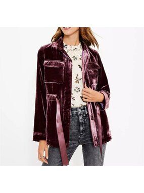 LOFT Velvet Utility Jacket Ribbon Tie Waist Purple Size 14 Velour Blazer Button